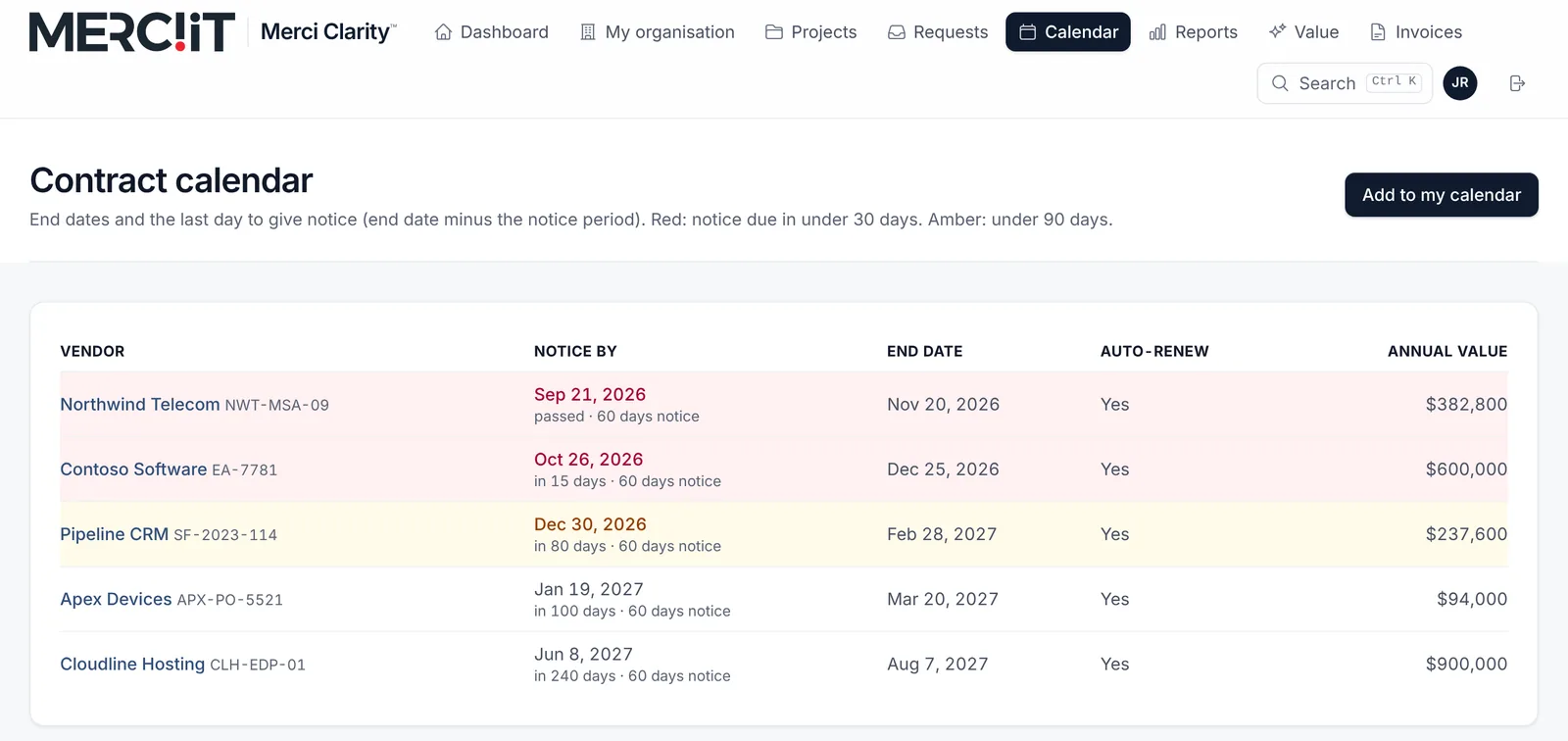 Contract calendar screen in Merci Clarity, with made-up vendors