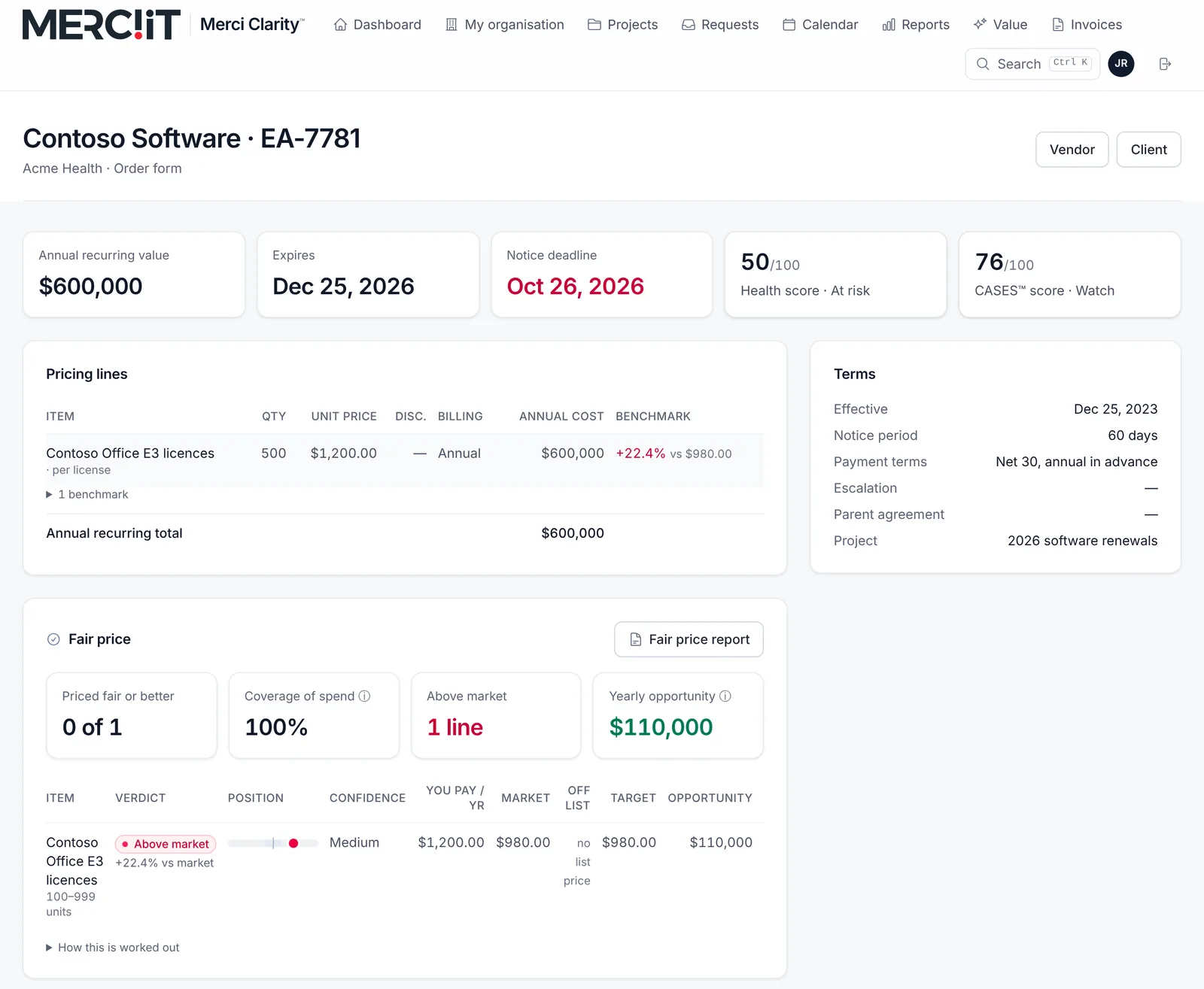 Fair price check screen in Merci Clarity, with made-up vendors