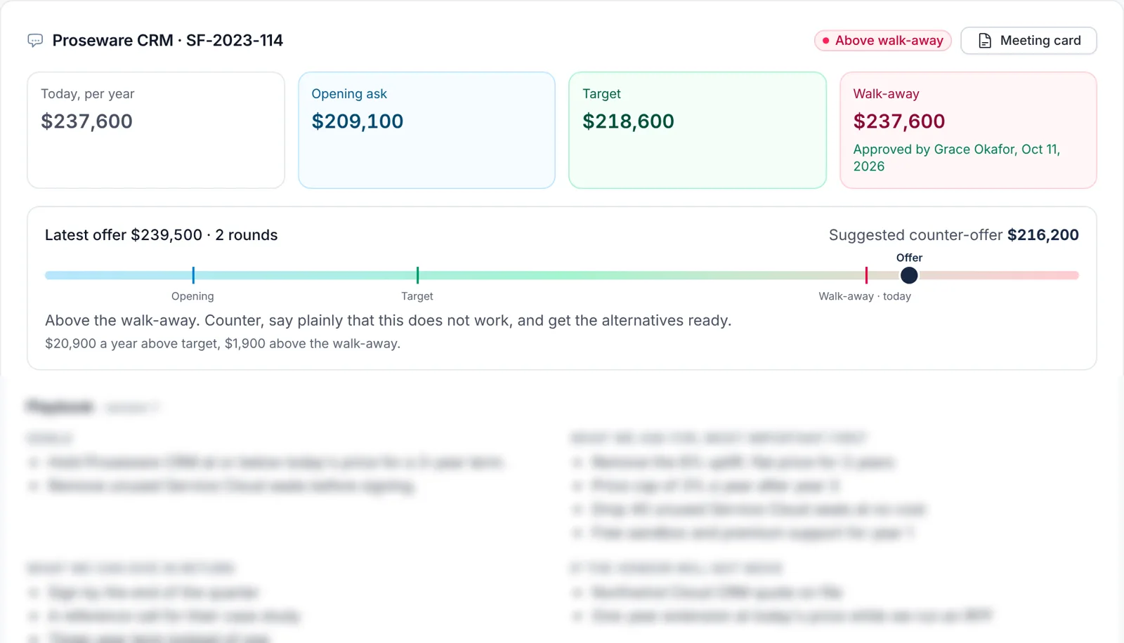 Merci Leverage™ negotiation plan with the three prices, the latest offer and the playbook; some details blurred (illustrative data)