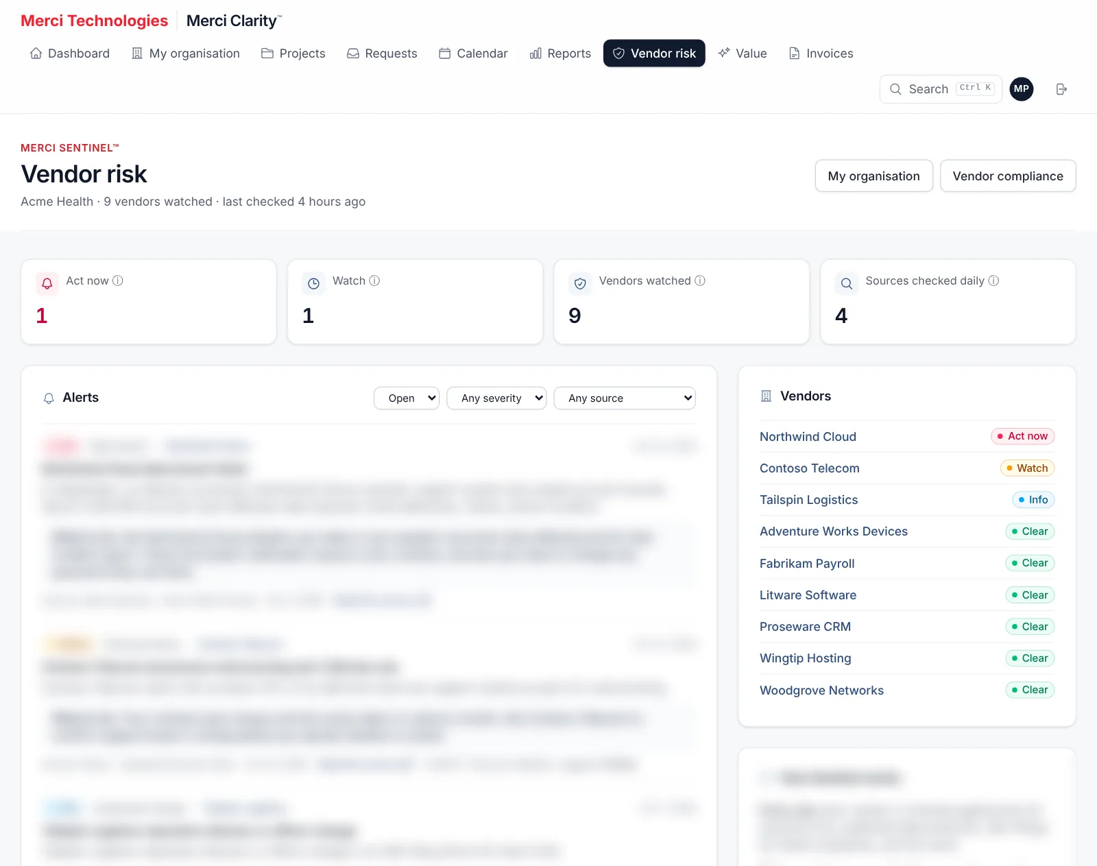 Merci Sentinel™ Vendor risk page with each vendor's risk level; alert details blurred (illustrative data)